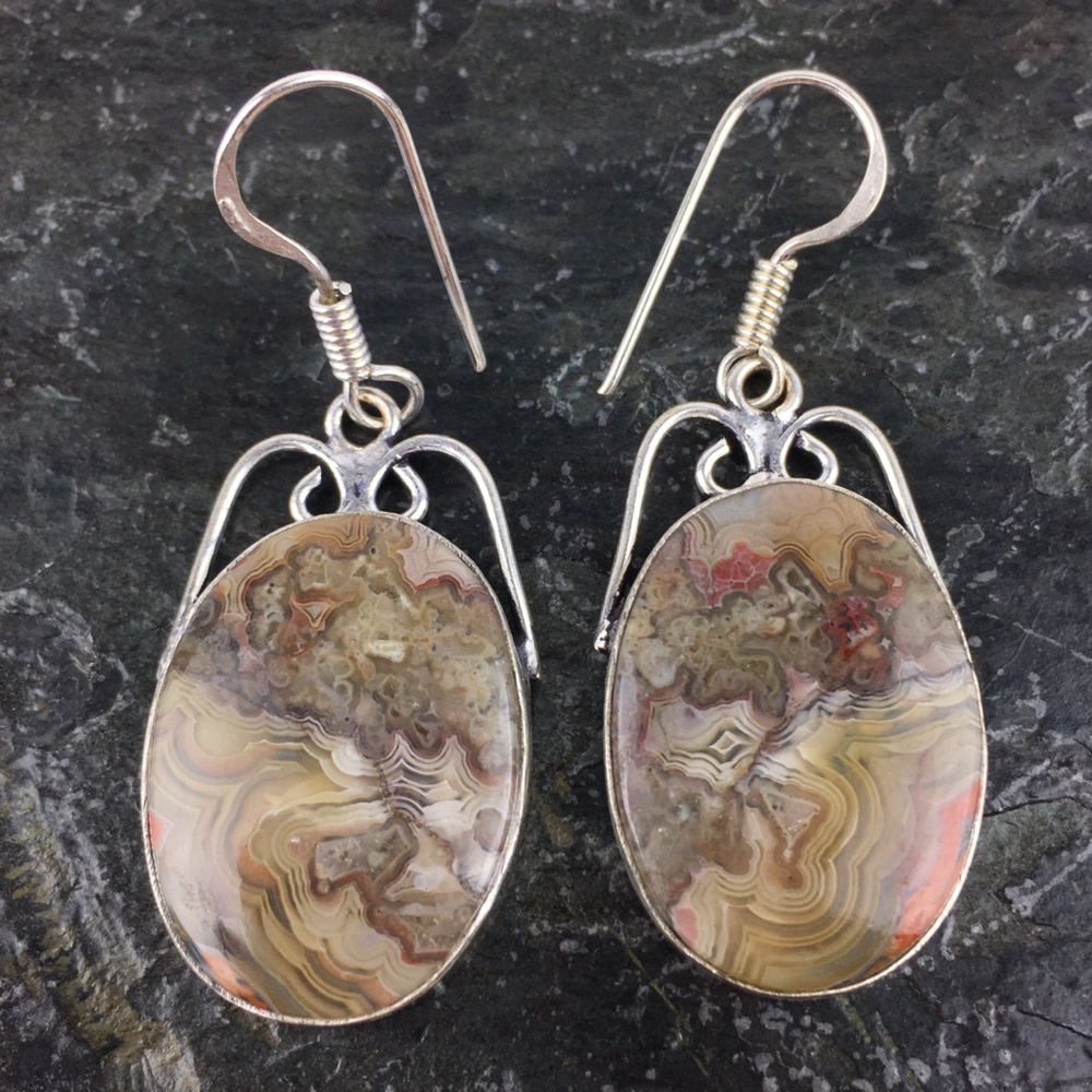 New Natural Crazy Lace Agate Stone Silver Hook Dangle Earrings
